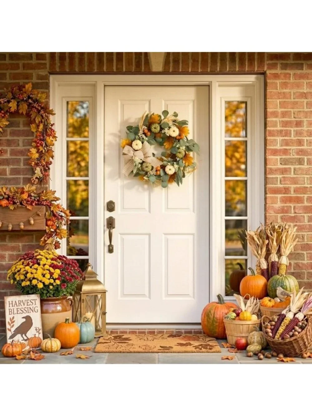 20'' Fall Wreath with LED Lights for Front Door, Autumn Decor, Seasonal Home